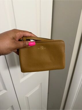 Coach Pebbled Leather Wristlet in Tan
